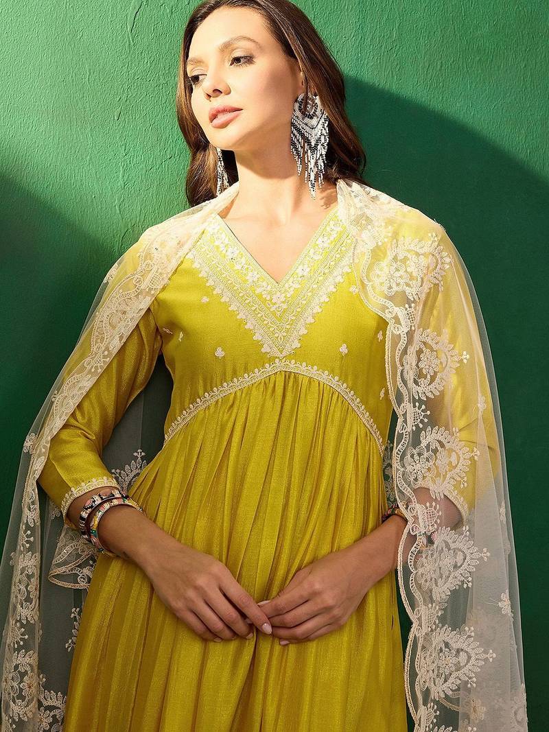 Embroidered anarkali kurta & trousers with dupatta