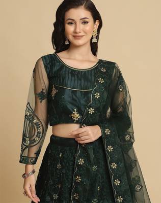 Green & Gold-Toned Embroidered Thread Work Semi-Stitched Lehenga & Unstitched Blouse With Dupatta 2