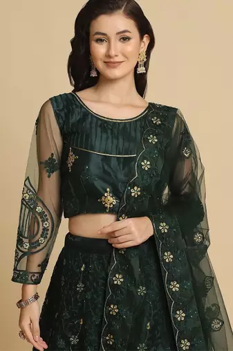 Green & Gold-Toned Embroidered Thread Work Semi-Stitched Lehenga & Unstitched Blouse With Dupatta