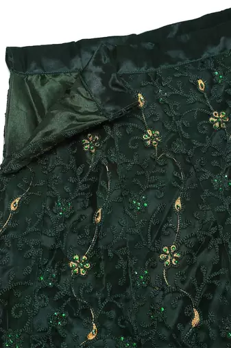 Green & Gold-Toned Embroidered Thread Work Semi-Stitched Lehenga & Unstitched Blouse With Dupatta