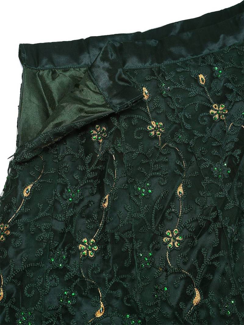 Green & Gold-Toned Embroidered Thread Work Semi-Stitched Lehenga & Unstitched Blouse With Dupatta