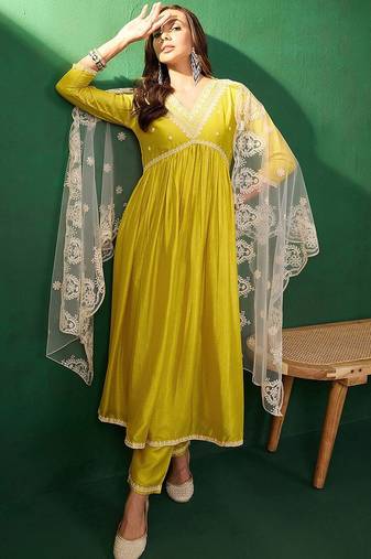 Embroidered anarkali kurta & trousers with dupatta