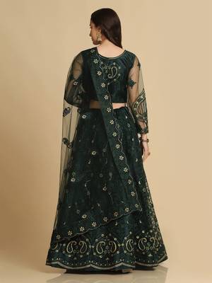 Green & Gold-Toned Embroidered Thread Work Semi-Stitched Lehenga & Unstitched Blouse With Dupatta 4