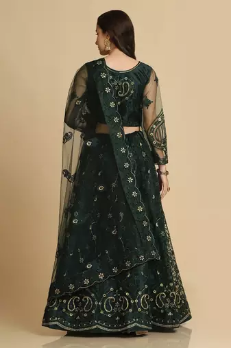 Green & Gold-Toned Embroidered Thread Work Semi-Stitched Lehenga & Unstitched Blouse With Dupatta