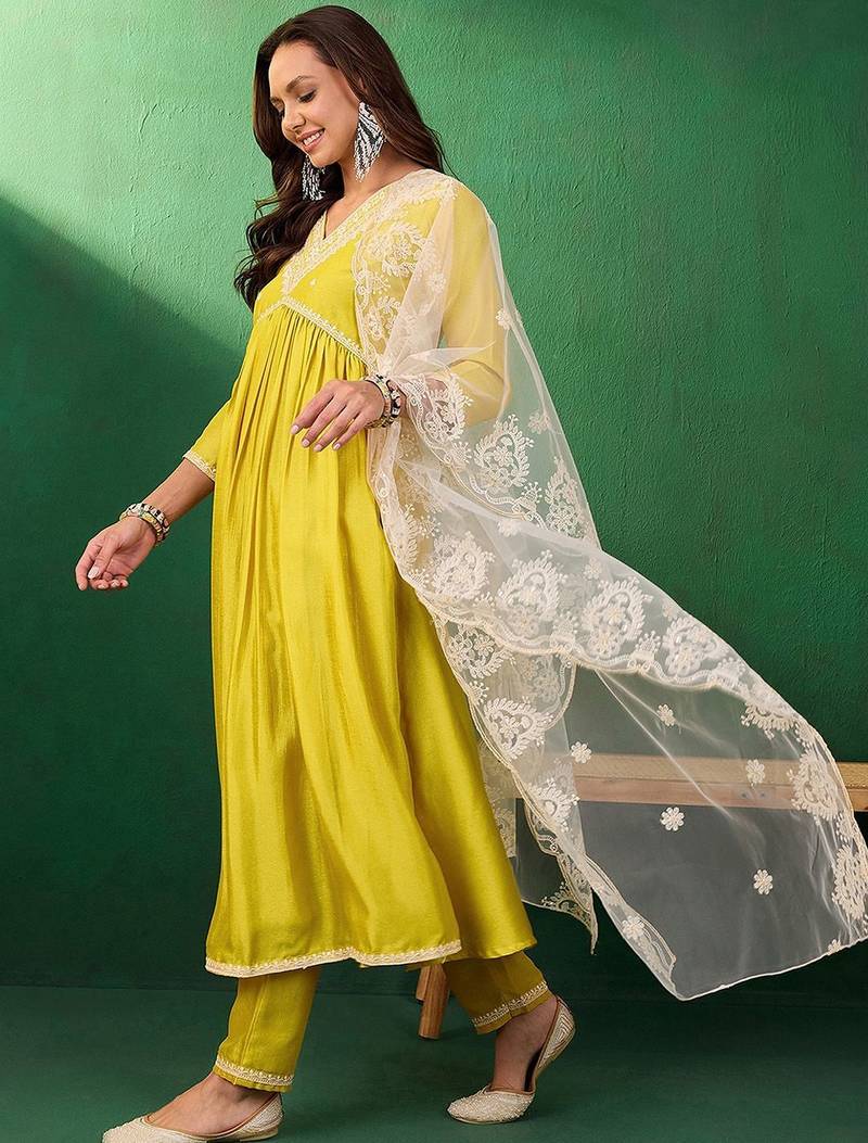 Embroidered anarkali kurta & trousers with dupatta