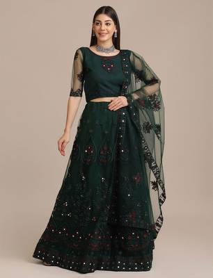 Green & Red Embroidered Thread Work Semi-Stitched Lehenga & Unstitched Blouse With Dupatta 1