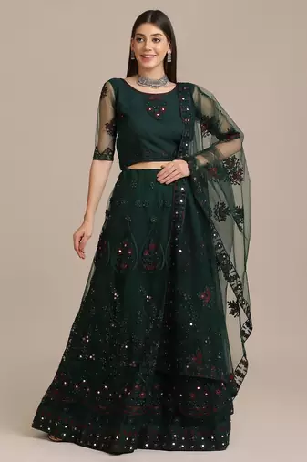 Green & Red Embroidered Thread Work Semi-Stitched Lehenga & Unstitched Blouse With Dupatta