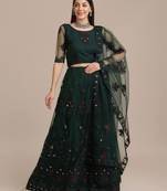 Green & Red Embroidered Thread Work Semi-Stitched Lehenga & Unstitched Blouse With Dupatta