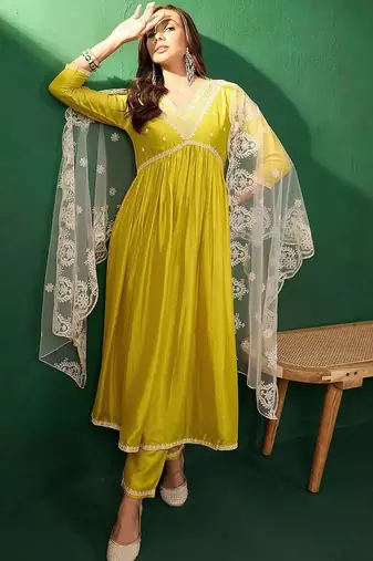 Embroidered a-line kurta set with trouser & dupatta