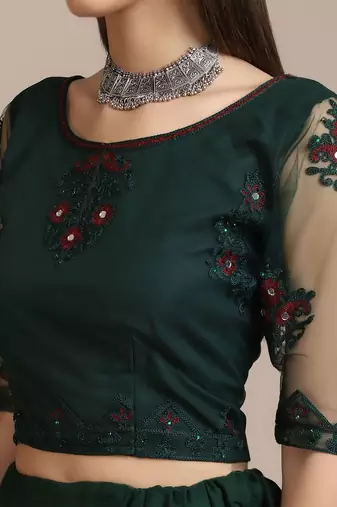 Green & Red Embroidered Thread Work Semi-Stitched Lehenga & Unstitched Blouse With Dupatta