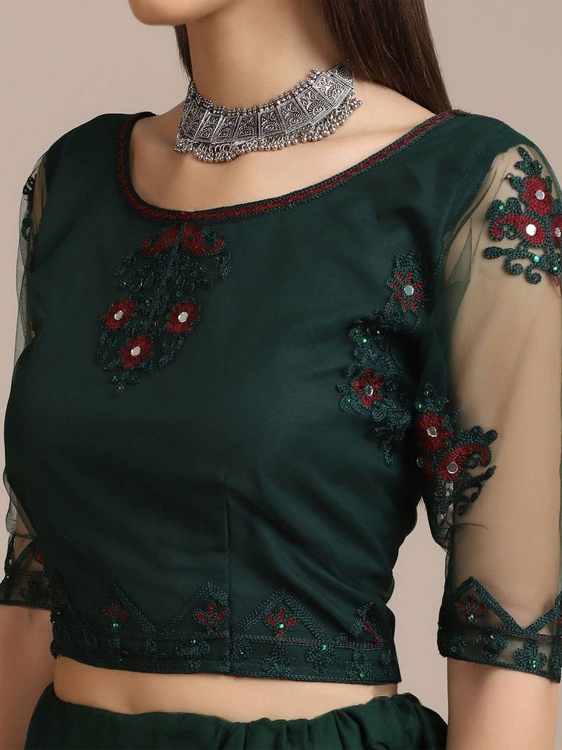 Green & Red Embroidered Thread Work Semi-Stitched Lehenga & Unstitched Blouse With Dupatta