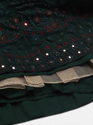 Green & Red Embroidered Thread Work Semi-Stitched Lehenga & Unstitched Blouse With Dupatta 3