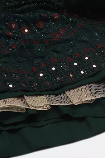 Green & Red Embroidered Thread Work Semi-Stitched Lehenga & Unstitched Blouse With Dupatta