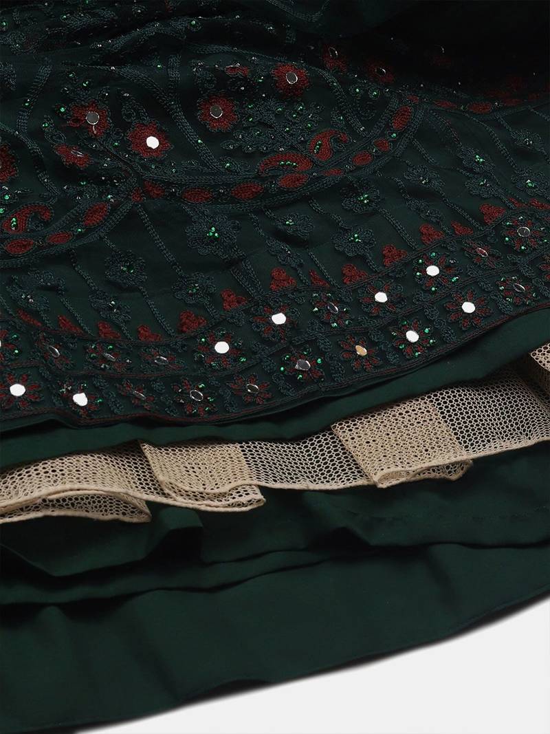 Green & Red Embroidered Thread Work Semi-Stitched Lehenga & Unstitched Blouse With Dupatta