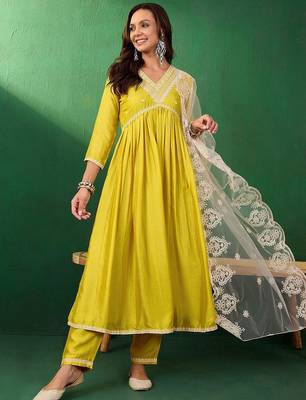 Embroidered a-line kurta set with trouser & dupatta 5
