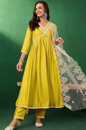 Embroidered a-line kurta set with trouser & dupatta