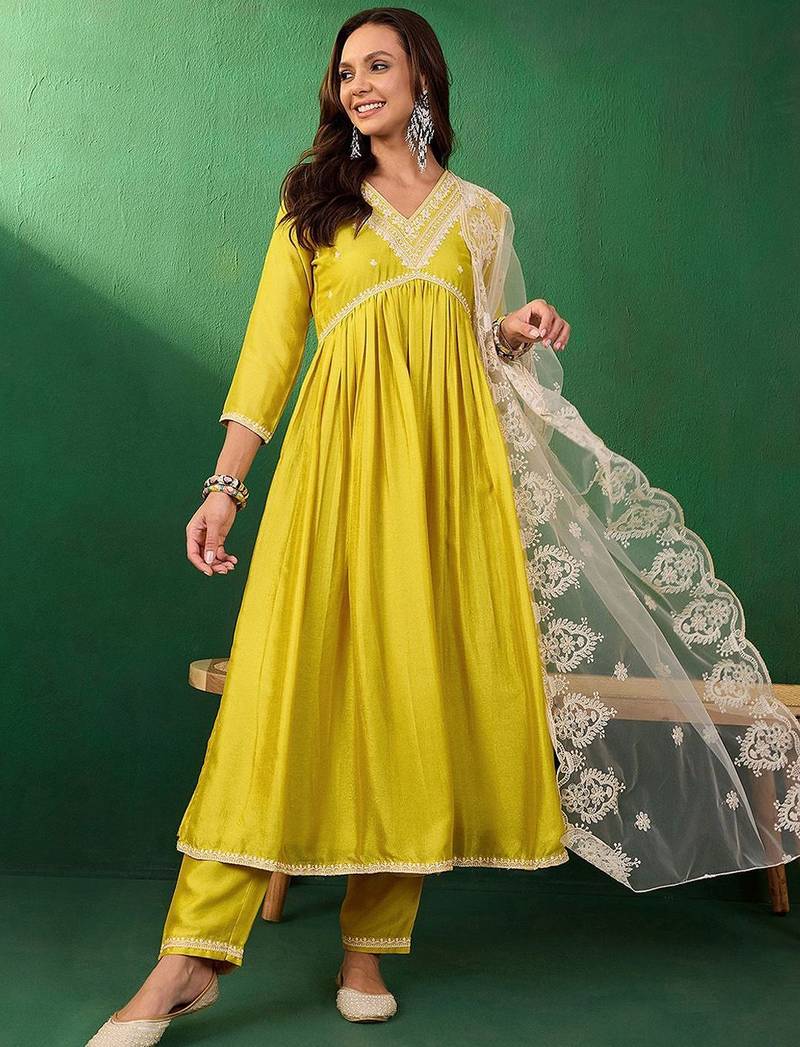 Embroidered a-line kurta set with trouser & dupatta