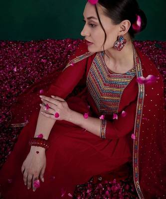 Zari & sequence embroidered  round neck kurta with trousers & dupatta 2