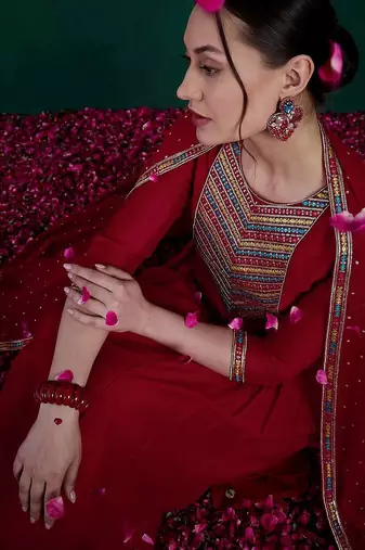 Zari & sequence embroidered  round neck kurta with trousers & dupatta