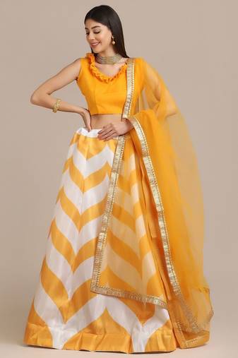 Yellow & White Semi-Stitched Lehenga & Unstitched Blouse With Dupatta