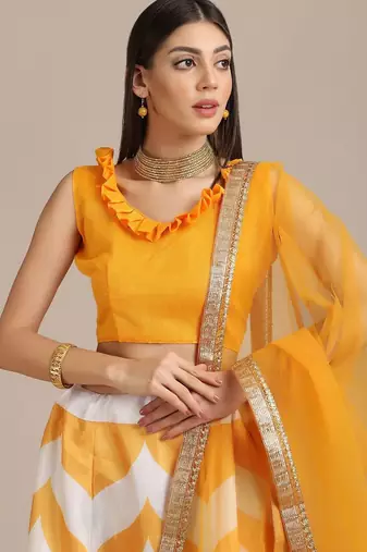 Yellow & White Semi-Stitched Lehenga & Unstitched Blouse With Dupatta