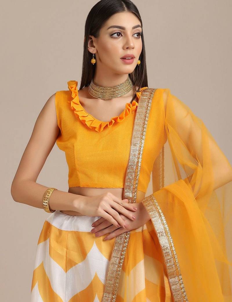 Yellow & White Semi-Stitched Lehenga & Unstitched Blouse With Dupatta