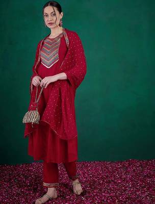 Zari & sequence embroidered  round neck kurta with trousers & dupatta 1