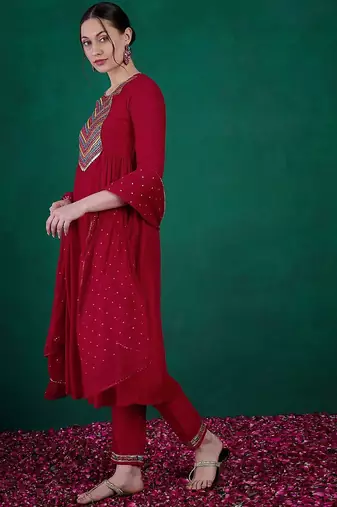 Zari & sequence embroidered  round neck kurta with trousers & dupatta