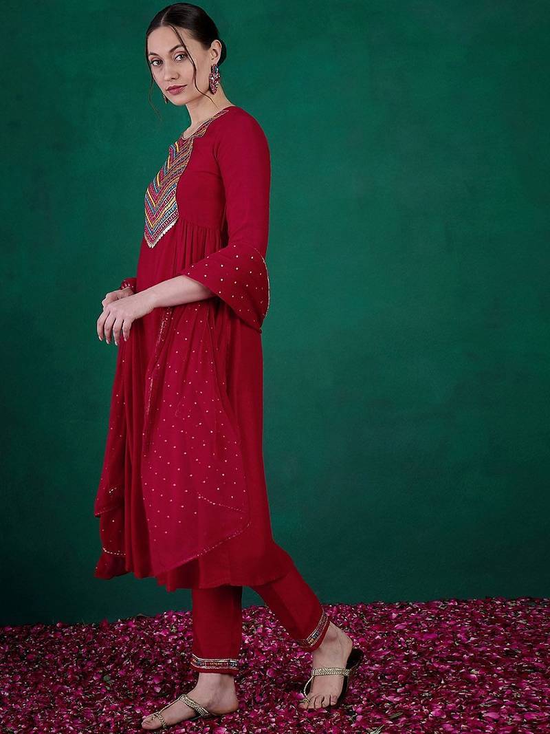 Zari & sequence embroidered  round neck kurta with trousers & dupatta
