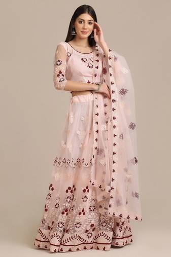 Pink & Maroon Semi-Stitched Lehenga & Unstitched Blouse With Dupatta