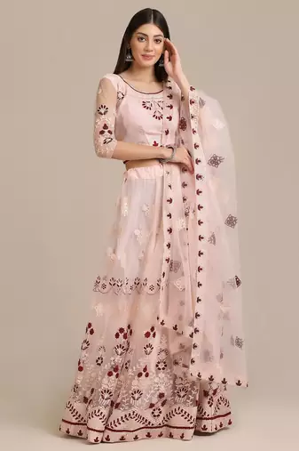 Pink & Maroon Semi-Stitched Lehenga & Unstitched Blouse With Dupatta