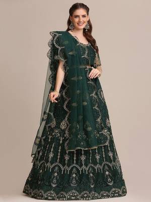 Green & Gold-Toned Embroidered Thread Work Semi-Stitched Lehenga & Unstitched Blouse With Dupatta 1