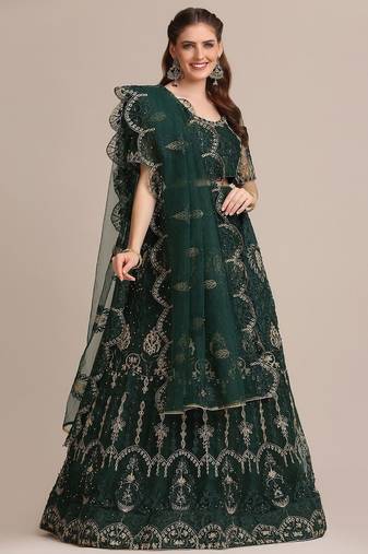 Green & Gold-Toned Embroidered Thread Work Semi-Stitched Lehenga & Unstitched Blouse With Dupatta