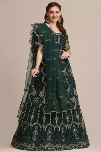 Green & Gold-Toned Embroidered Thread Work Semi-Stitched Lehenga & Unstitched Blouse With Dupatta