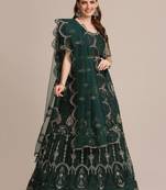 Green & Gold-Toned Embroidered Thread Work Semi-Stitched Lehenga & Unstitched Blouse With Dupatta