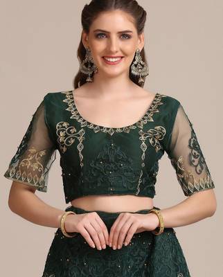 Green & Gold-Toned Embroidered Thread Work Semi-Stitched Lehenga & Unstitched Blouse With Dupatta 2