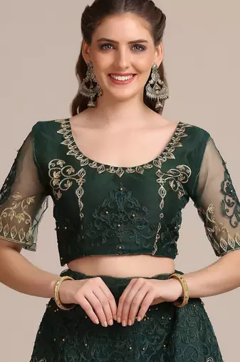 Green & Gold-Toned Embroidered Thread Work Semi-Stitched Lehenga & Unstitched Blouse With Dupatta