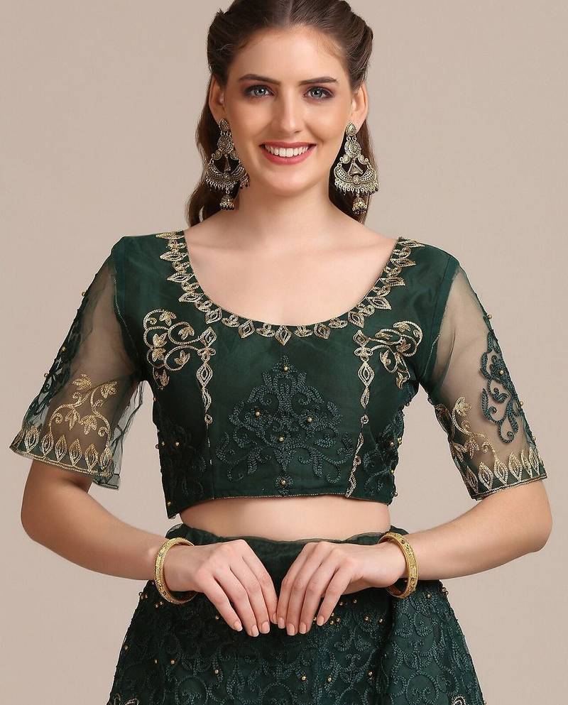 Green & Gold-Toned Embroidered Thread Work Semi-Stitched Lehenga & Unstitched Blouse With Dupatta