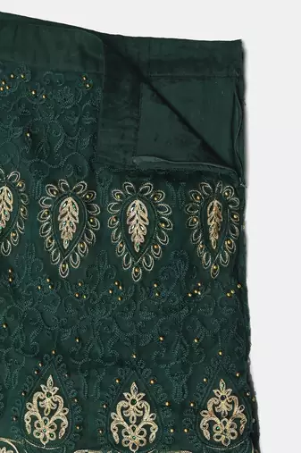 Green & Gold-Toned Embroidered Thread Work Semi-Stitched Lehenga & Unstitched Blouse With Dupatta
