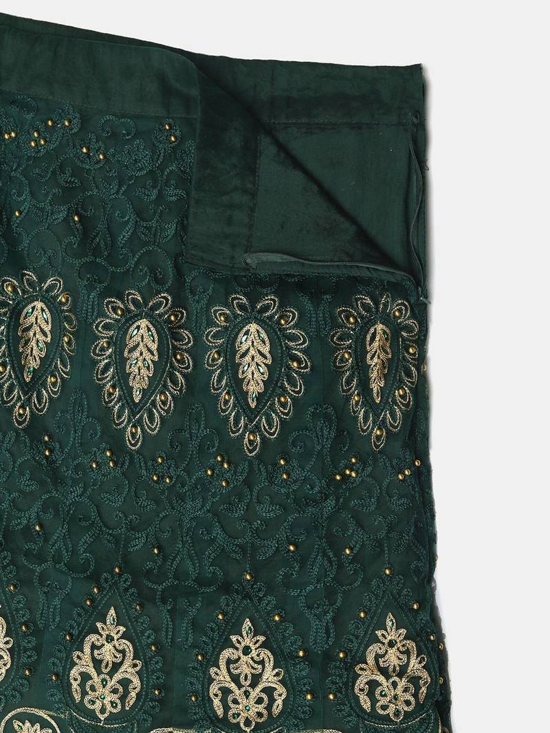 Green & Gold-Toned Embroidered Thread Work Semi-Stitched Lehenga & Unstitched Blouse With Dupatta