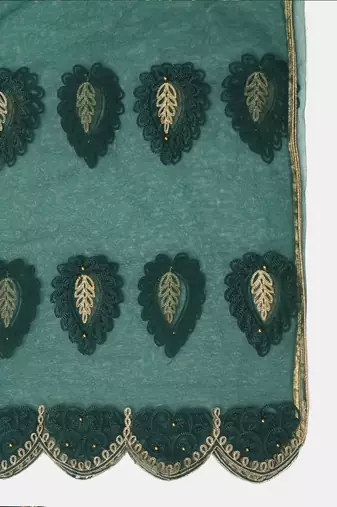 Green & Gold-Toned Embroidered Thread Work Semi-Stitched Lehenga & Unstitched Blouse With Dupatta