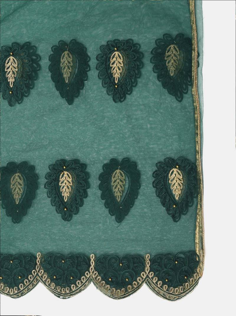 Green & Gold-Toned Embroidered Thread Work Semi-Stitched Lehenga & Unstitched Blouse With Dupatta