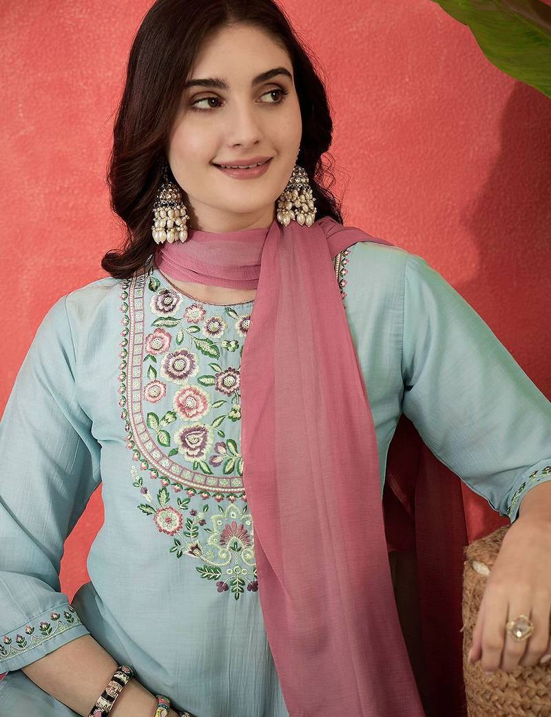 Floral embroidered round neck sequinned straight kurta trousers & dupatta