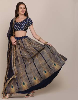 Navy Blue  Embroidered Thread Work Block Print Semi-Stitched Lehenga 1