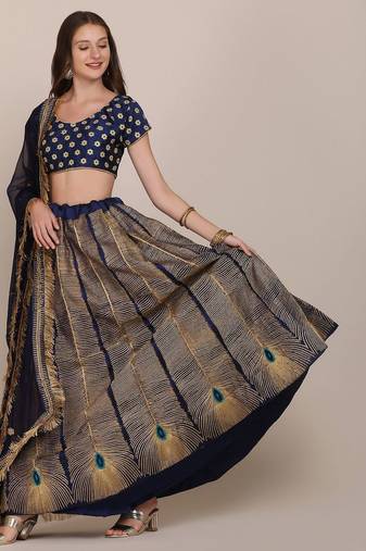 Navy Blue  Embroidered Thread Work Block Print Semi-Stitched Lehenga