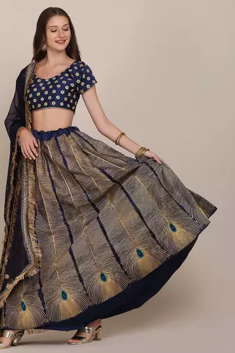 Navy Blue  Embroidered Thread Work Block Print Semi-Stitched Lehenga