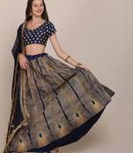 Navy Blue  Embroidered Thread Work Block Print Semi-Stitched Lehenga