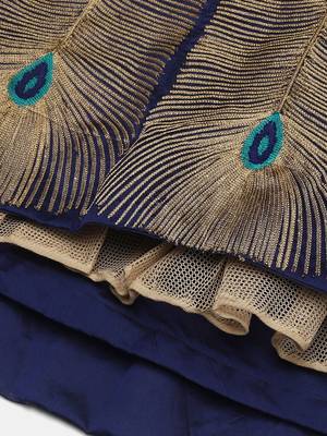 Navy Blue  Embroidered Thread Work Block Print Semi-Stitched Lehenga 3