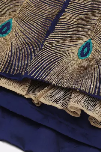 Navy Blue  Embroidered Thread Work Block Print Semi-Stitched Lehenga