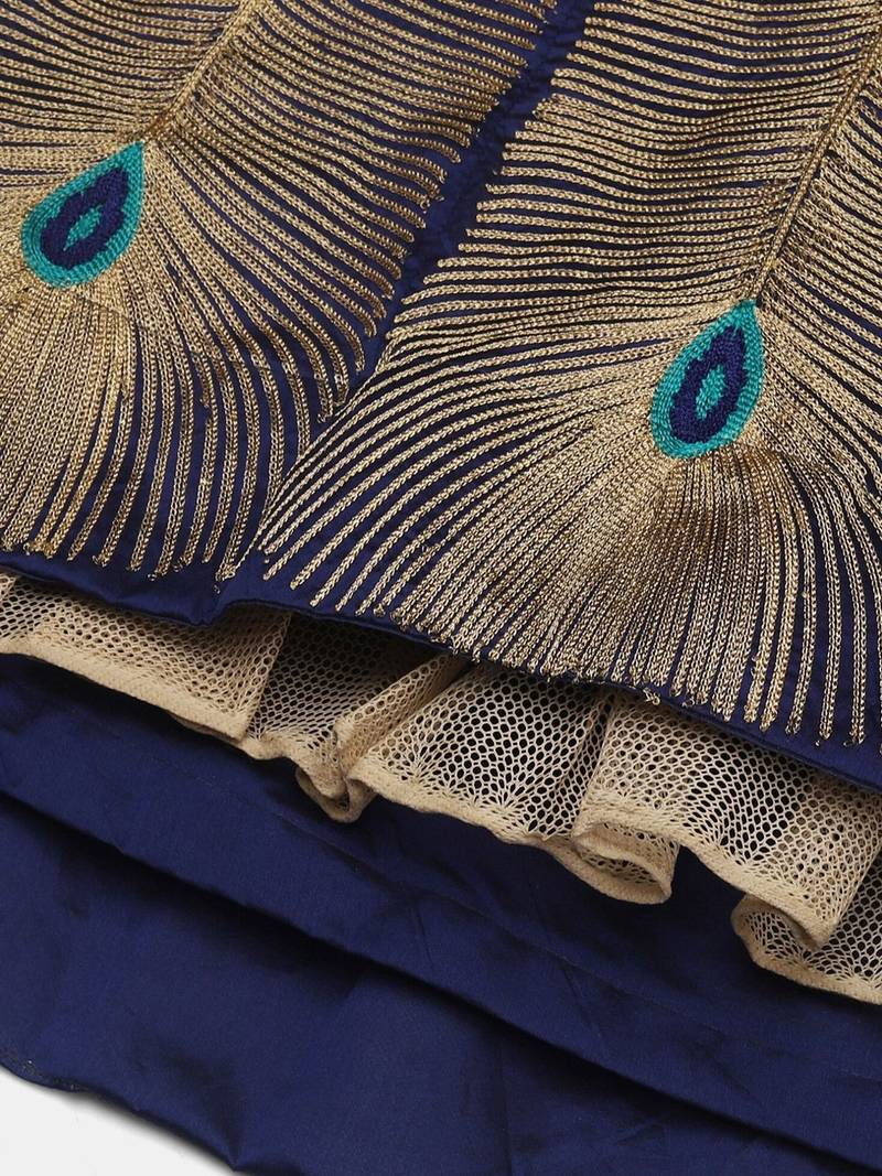 Navy Blue  Embroidered Thread Work Block Print Semi-Stitched Lehenga
